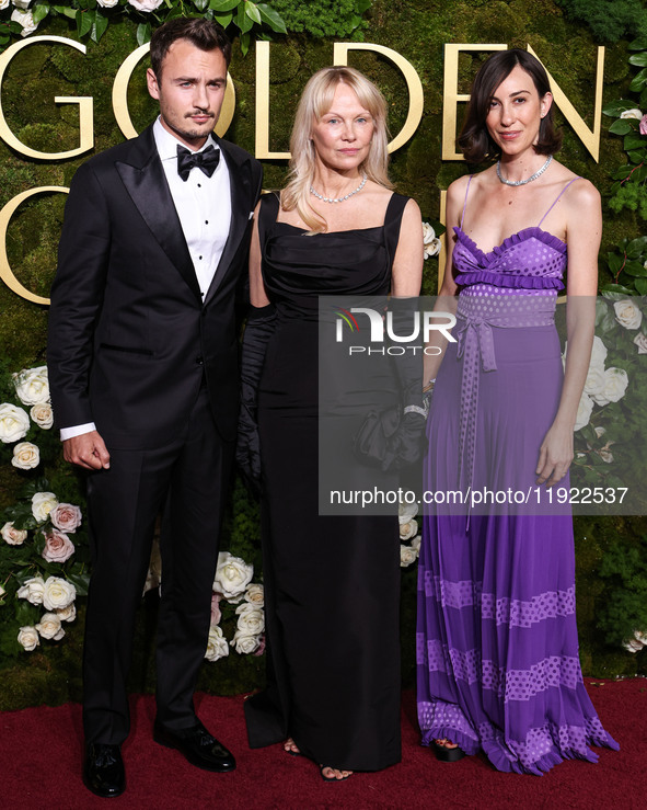 Brandon Thomas Lee, Pamela Anderson and Gia Coppola arrive at the 82nd Annual Golden Globe Awards held at The Beverly Hilton Hotel on Januar...