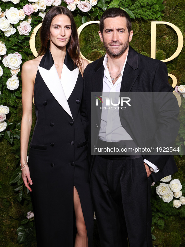 Jeanne Cadieu and Jake Gyllenhaal arrive at the 82nd Annual Golden Globe Awards held at The Beverly Hilton Hotel on January 5, 2025 in Bever...