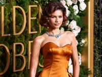 Zendaya wearing custom Louis Vuitton with Bvlgari jewelry arrives at the 82nd Annual Golden Globe Awards held at The Beverly Hilton Hotel on...