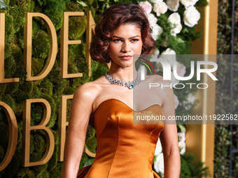 Zendaya wearing custom Louis Vuitton with Bvlgari jewelry arrives at the 82nd Annual Golden Globe Awards held at The Beverly Hilton Hotel on...