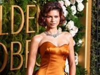 Zendaya wearing custom Louis Vuitton with Bvlgari jewelry arrives at the 82nd Annual Golden Globe Awards held at The Beverly Hilton Hotel on...