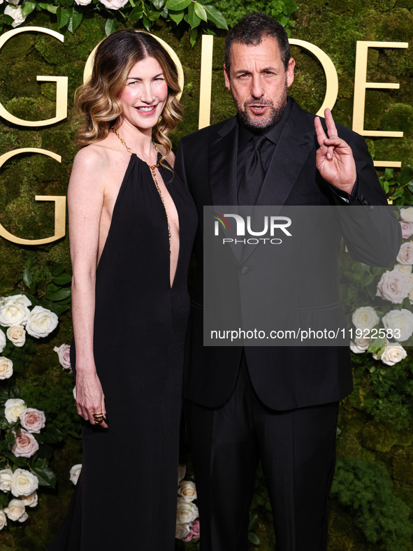 Jackie Sandler and husband Adam Sandler arrive at the 82nd Annual Golden Globe Awards held at The Beverly Hilton Hotel on January 5, 2025 in...