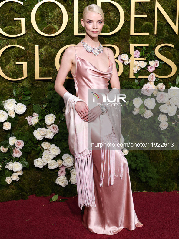 Anya Taylor-Joy wearing archive Dior, Jimmy Choo shoes, and Tiffany and Co. jewelry arrives at the 82nd Annual Golden Globe Awards held at T...