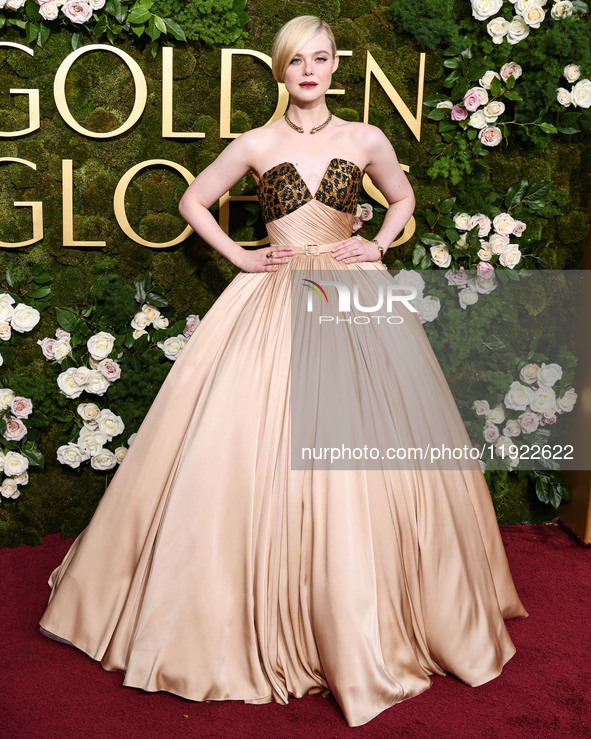 Elle Fanning wearing custom Balmain arrives at the 82nd Annual Golden Globe Awards held at The Beverly Hilton Hotel on January 5, 2025 in Be...