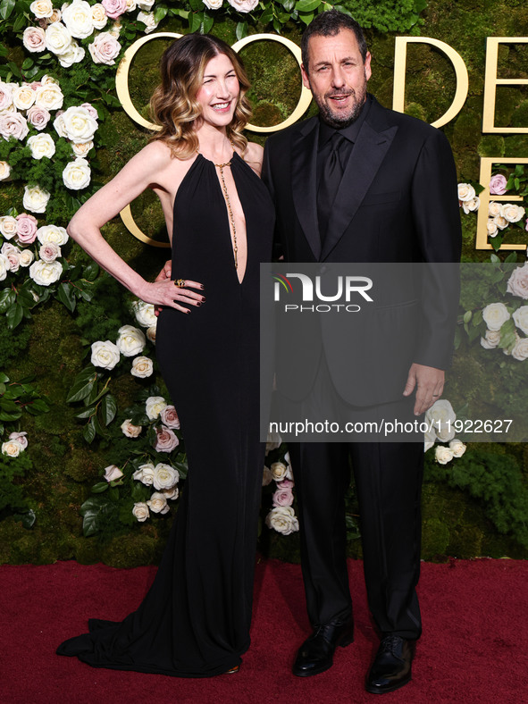 Jackie Sandler and husband Adam Sandler arrive at the 82nd Annual Golden Globe Awards held at The Beverly Hilton Hotel on January 5, 2025 in...