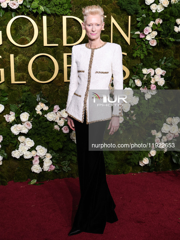 Tilda Swinton wearing Chanel arrives at the 82nd Annual Golden Globe Awards held at The Beverly Hilton Hotel on January 5, 2025 in Beverly H...