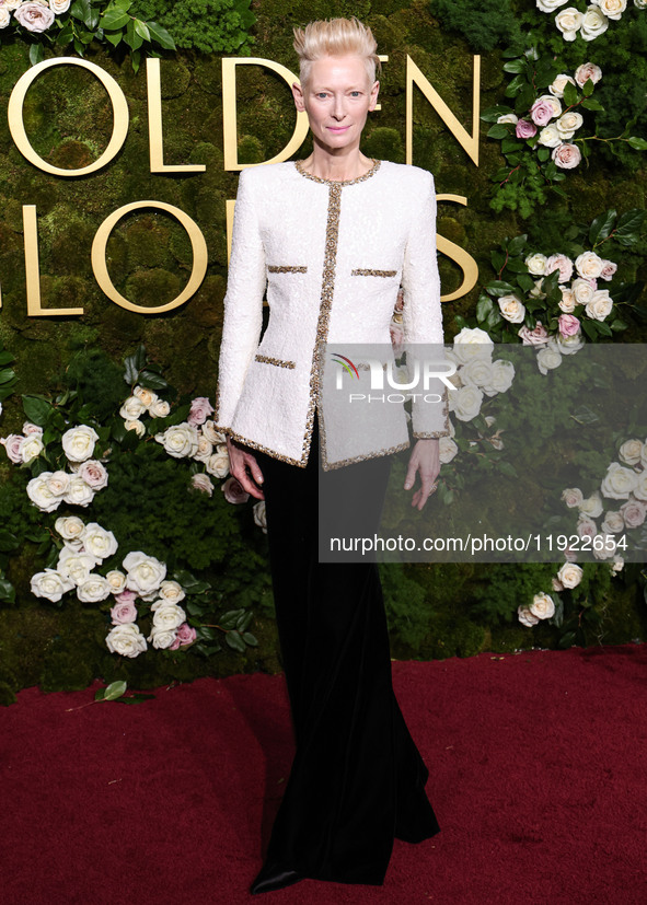 Tilda Swinton wearing Chanel arrives at the 82nd Annual Golden Globe Awards held at The Beverly Hilton Hotel on January 5, 2025 in Beverly H...