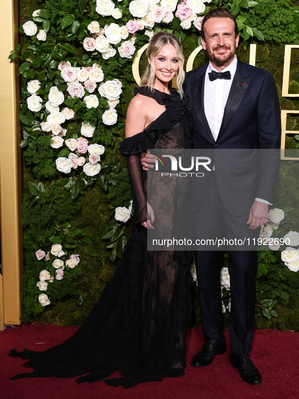 Kayla Radomski and Jason Segel arrive at the 82nd Annual Golden Globe Awards held at The Beverly Hilton Hotel on January 5, 2025 in Beverly...