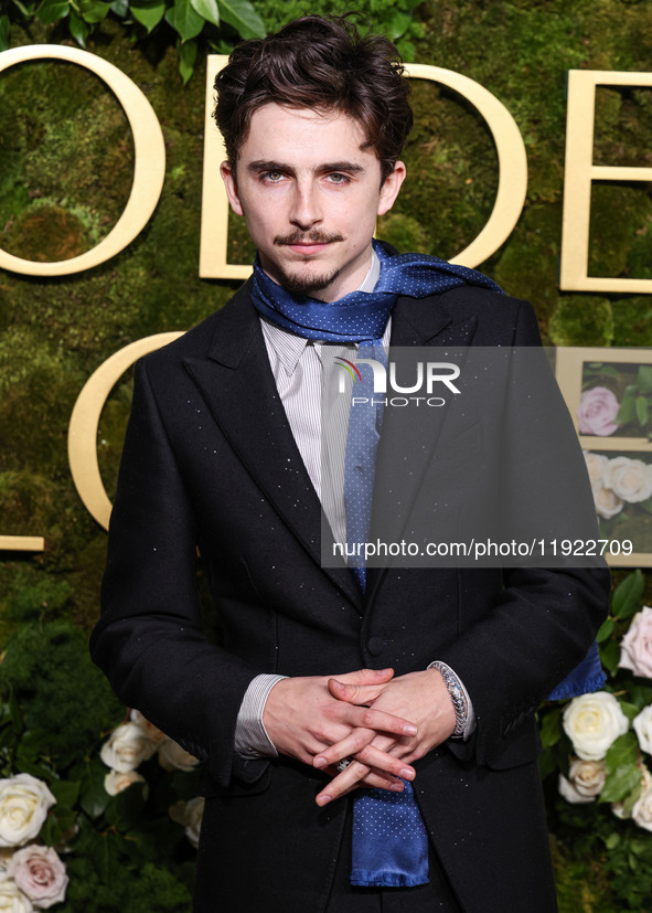 Timothee Chalamet wearing Tom Ford arrives at the 82nd Annual Golden Globe Awards held at The Beverly Hilton Hotel on January 5, 2025 in Bev...