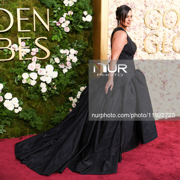 Ashley Graham wearing a custom Bach Mai dress, Gianvito Rossi shoes, and Jared jewelry arrives at the 82nd Annual Golden Globe Awards held a...