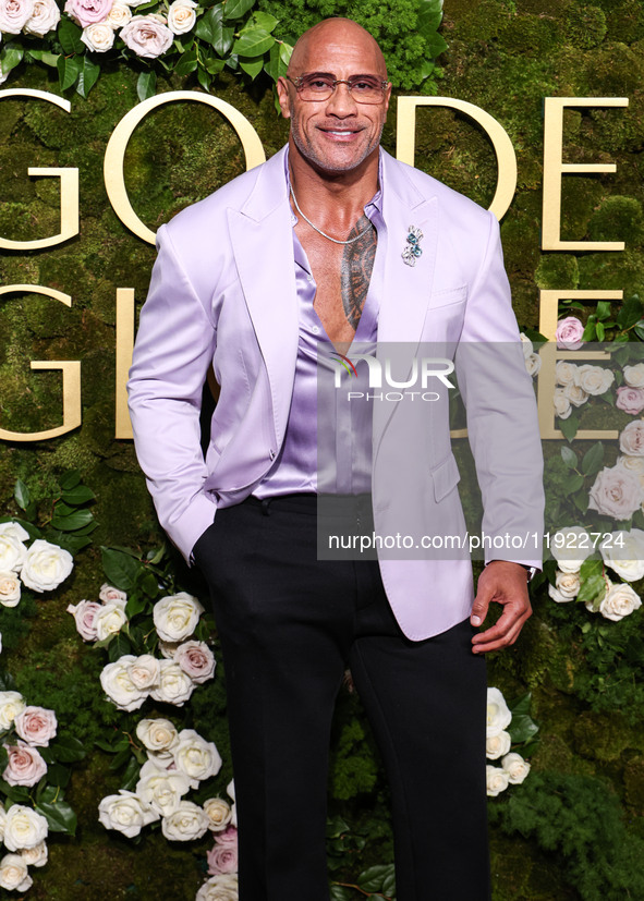 Dwayne Johnson wearing Dolce and Gabanna arrives at the 82nd Annual Golden Globe Awards held at The Beverly Hilton Hotel on January 5, 2025...