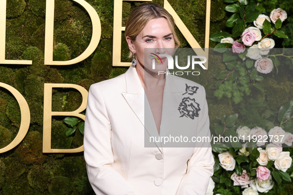 Kate Winslet wearing bespoke Erdem arrives at the 82nd Annual Golden Globe Awards held at The Beverly Hilton Hotel on January 5, 2025 in Bev...