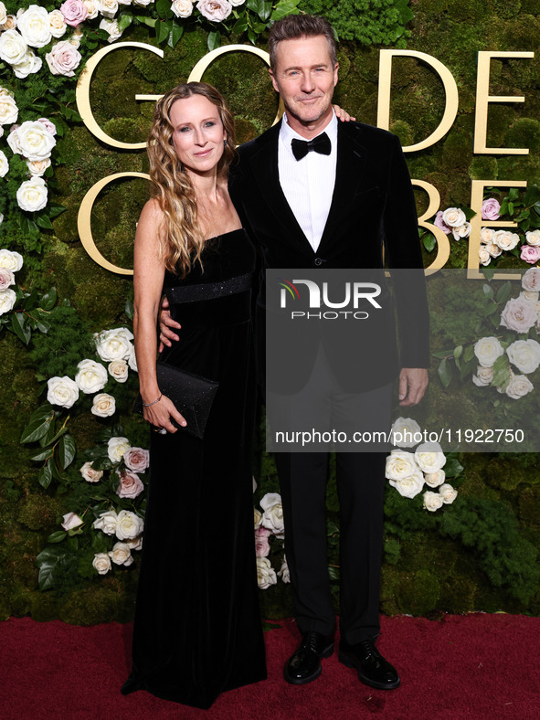 Shauna Robertson and Edward Norton arrive at the 82nd Annual Golden Globe Awards held at The Beverly Hilton Hotel on January 5, 2025 in Beve...