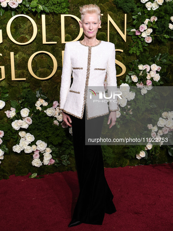 Tilda Swinton wearing Chanel arrives at the 82nd Annual Golden Globe Awards held at The Beverly Hilton Hotel on January 5, 2025 in Beverly H...