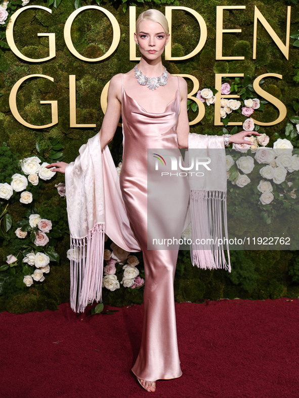 Anya Taylor-Joy wearing archive Dior, Jimmy Choo shoes, and Tiffany and Co. jewelry arrives at the 82nd Annual Golden Globe Awards held at T...