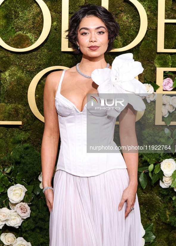 Auli'i Cravalho wearing House of Gilles arrives at the 82nd Annual Golden Globe Awards held at The Beverly Hilton Hotel on January 5, 2025 i...