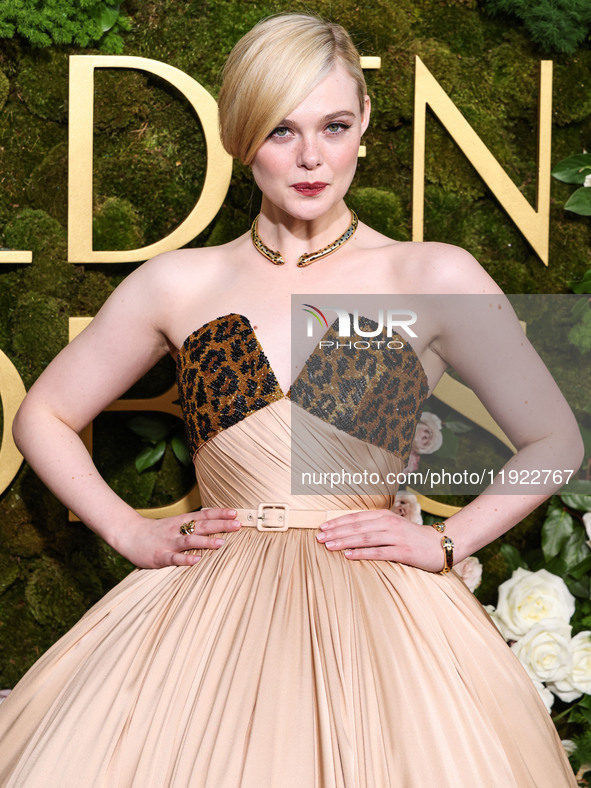 Elle Fanning wearing custom Balmain arrives at the 82nd Annual Golden Globe Awards held at The Beverly Hilton Hotel on January 5, 2025 in Be...