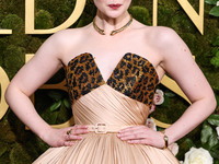 Elle Fanning wearing custom Balmain arrives at the 82nd Annual Golden Globe Awards held at The Beverly Hilton Hotel on January 5, 2025 in Be...