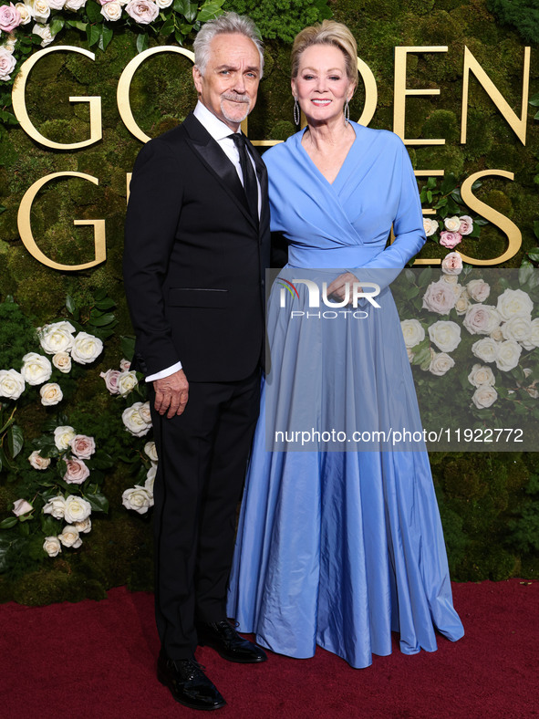 Joe Pacheco and Jean Smart arrive at the 82nd Annual Golden Globe Awards held at The Beverly Hilton Hotel on January 5, 2025 in Beverly Hill...