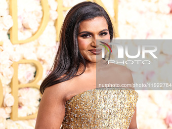 Mindy Kaling wearing an Ashi Studio dress arrives at the 82nd Annual Golden Globe Awards held at The Beverly Hilton Hotel on January 5, 2025...