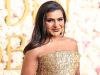 Mindy Kaling wearing an Ashi Studio dress arrives at the 82nd Annual Golden Globe Awards held at The Beverly Hilton Hotel on January 5, 2025...