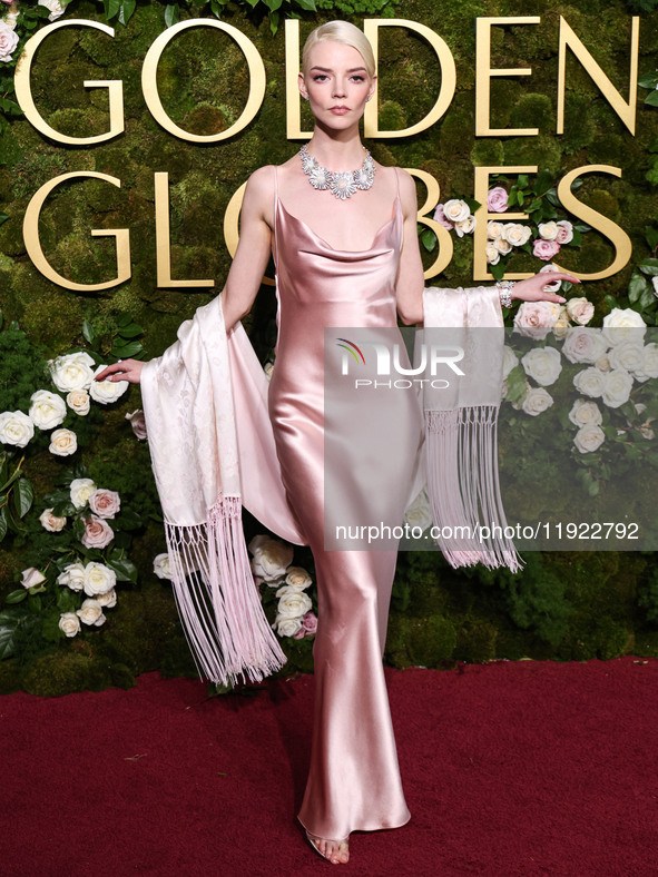 Anya Taylor-Joy wearing archive Dior, Jimmy Choo shoes, and Tiffany and Co. jewelry arrives at the 82nd Annual Golden Globe Awards held at T...