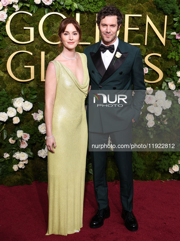 Leighton Meester and husband Adam Brody arrive at the 82nd Annual Golden Globe Awards held at The Beverly Hilton Hotel on January 5, 2025 in...