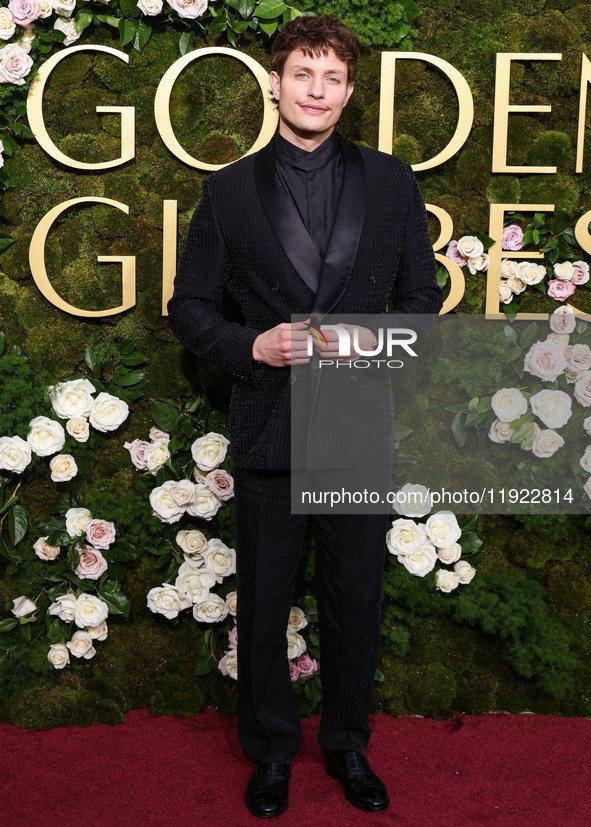 Matt Rife wearing a Giorgio Armani tuxedo arrives at the 82nd Annual Golden Globe Awards held at The Beverly Hilton Hotel on January 5, 2025...