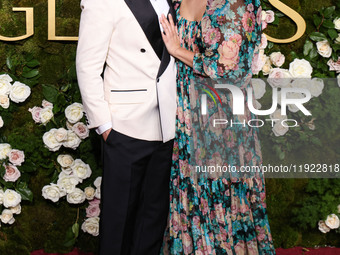 Michael Angarano and Maya Erskine arrive at the 82nd Annual Golden Globe Awards held at The Beverly Hilton Hotel on January 5, 2025 in Bever...