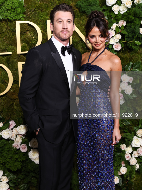 Miles Teller and Keleigh Sperry arrive at the 82nd Annual Golden Globe Awards held at The Beverly Hilton Hotel on January 5, 2025 in Beverly...