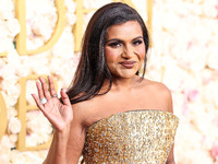 Mindy Kaling wearing an Ashi Studio dress arrives at the 82nd Annual Golden Globe Awards held at The Beverly Hilton Hotel on January 5, 2025...