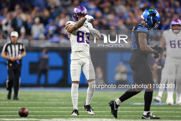 DETROIT,MICHIGAN-JANUARY 5:  Wide receiver Jalen Nailor (83) of the Minnesota Vikings gestures after being tackled by safety Brian Branch (3...