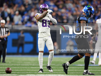 DETROIT,MICHIGAN-JANUARY 5:  Wide receiver Jalen Nailor (83) of the Minnesota Vikings gestures after being tackled by safety Brian Branch (3...