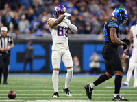 DETROIT,MICHIGAN-JANUARY 5:  Wide receiver Jalen Nailor (83) of the Minnesota Vikings gestures after being tackled by safety Brian Branch (3...