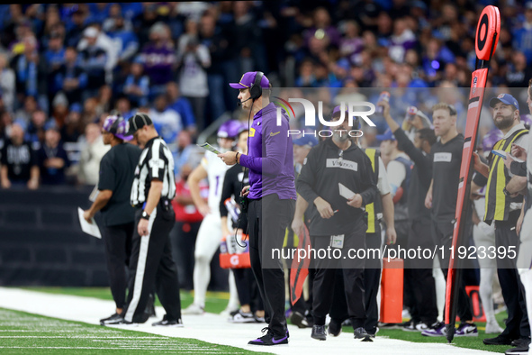 DETROIT,MICHIGAN-JANUARY 5:  Minnesota Vikings head coach Kevin O'Connell looks on from the sidelines during a game between the Detroit Lion...