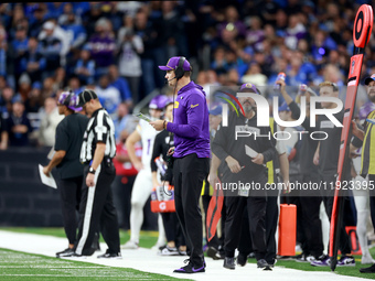 DETROIT,MICHIGAN-JANUARY 5:  Minnesota Vikings head coach Kevin O'Connell looks on from the sidelines during a game between the Detroit Lion...