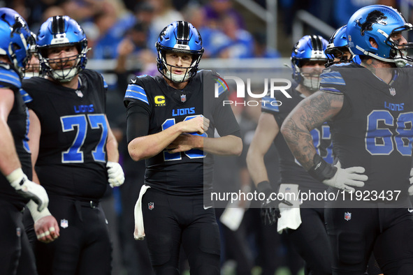 DETROIT,MICHIGAN-JANUARY 5: Quarterback Jared Goff (16) of the Detroit Lions walks on the field between plays  during a game between the Det...