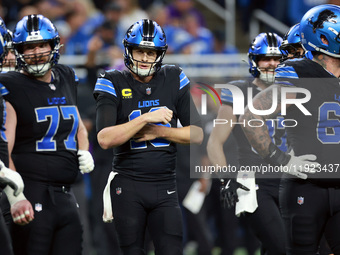 DETROIT,MICHIGAN-JANUARY 5: Quarterback Jared Goff (16) of the Detroit Lions walks on the field between plays  during a game between the Det...