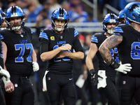 DETROIT,MICHIGAN-JANUARY 5: Quarterback Jared Goff (16) of the Detroit Lions walks on the field between plays  during a game between the Det...