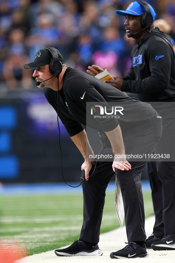 DETROIT,MICHIGAN-JANUARY 5:  Detroit Lions head coach Dan Campbell watches from the sidelines during a game between the Detroit Lions and th...