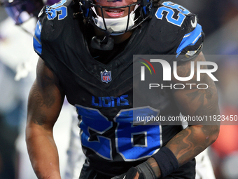 DETROIT,MICHIGAN-JANUARY 5: Running back Jahmyr Gibbs (26) of the Detroit Lions celbrates a play during a game between the Detroit Lions and...