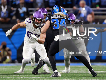 DETROIT,MICHIGAN-JANUARY 5:  Linebacker Alex Anzalone (34) of the Detroit Lions defends against tight end T.J. Hockenson (87) of the Minneso...