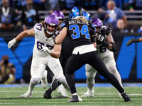 DETROIT,MICHIGAN-JANUARY 5:  Linebacker Alex Anzalone (34) of the Detroit Lions defends against tight end T.J. Hockenson (87) of the Minneso...