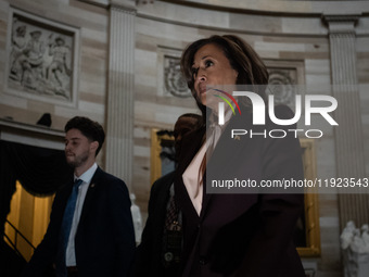 Vice Presidents leads a procession of Senators through the Capitol rotunda to a joint session certifying the results of the 2024 presidentia...