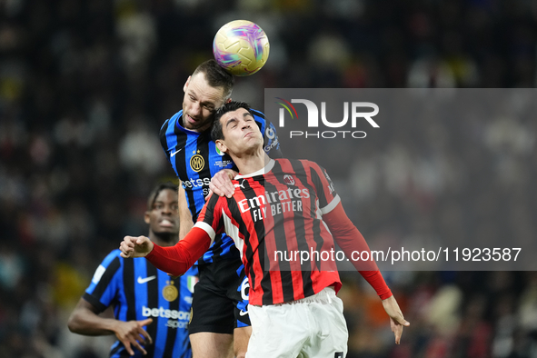 Stefan de Vrij centre-back of Internazionale and Netherlands and Alvaro Morata centre-forward of AC Milan and Spain compete for the ball dur...