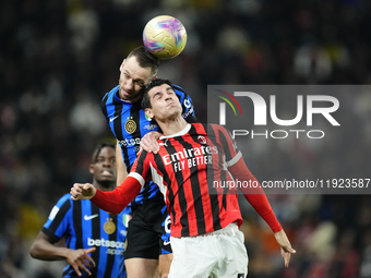 Stefan de Vrij centre-back of Internazionale and Netherlands and Alvaro Morata centre-forward of AC Milan and Spain compete for the ball dur...