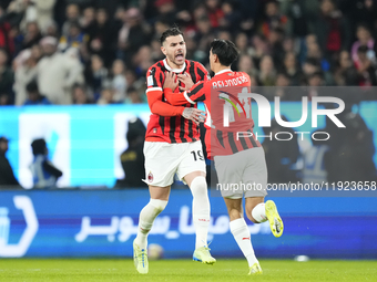 Theo Hernandez left-back of AC Milan and France celebrates after scoring his sides first goal during the EA SPORTS FC SUPERCUP 24/25 final m...