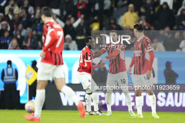 Theo Hernandez left-back of AC Milan and France celebrates after scoring his sides first goal during the EA SPORTS FC SUPERCUP 24/25 final m...