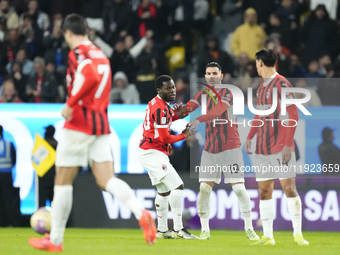 Theo Hernandez left-back of AC Milan and France celebrates after scoring his sides first goal during the EA SPORTS FC SUPERCUP 24/25 final m...