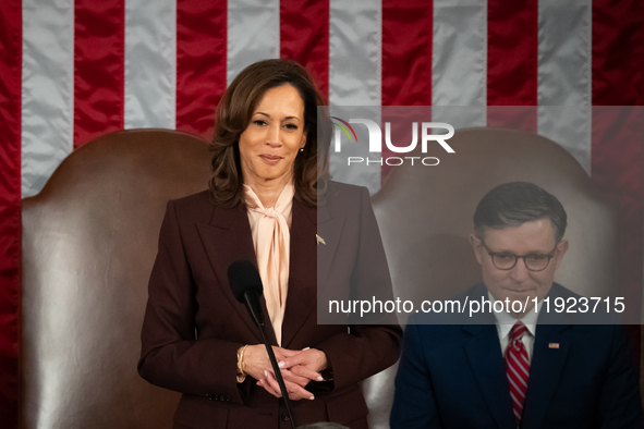 Vice President Kamala Harris presides over a joint session of Congress certifying the results of the 2024 presidential election in Washingto...